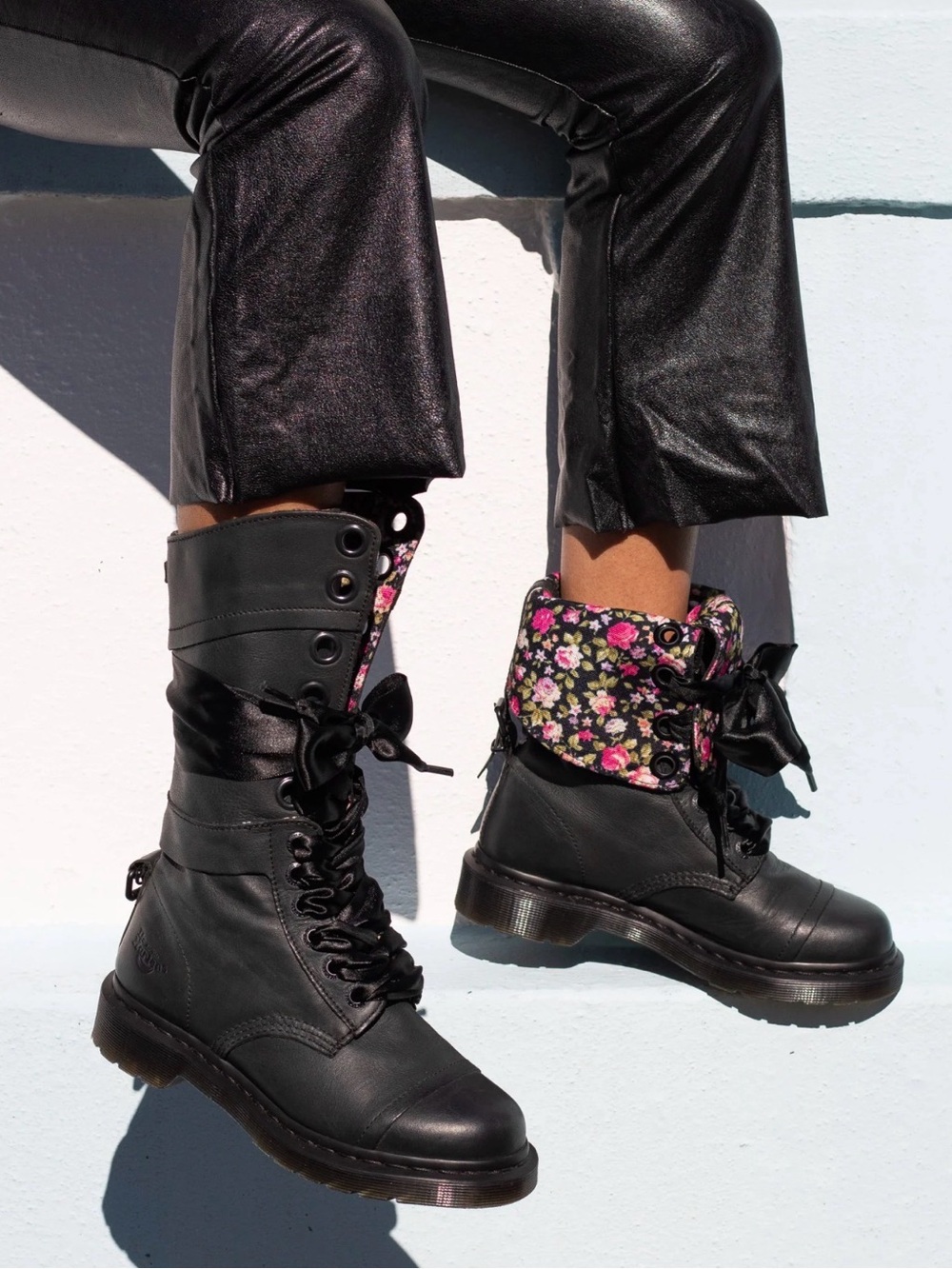 ⭐️Dr Martens 1914 Triumph Floral Lined Lace up Green Leather Tall Combat Boots⭐️